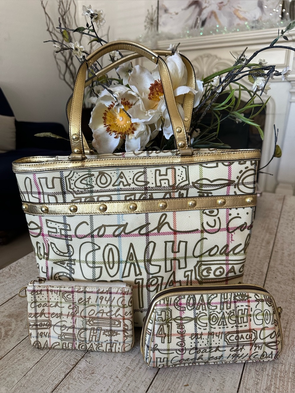 Coach Cream Plaid Signature Tote with Metallic Gold Trim and Matching Pouches